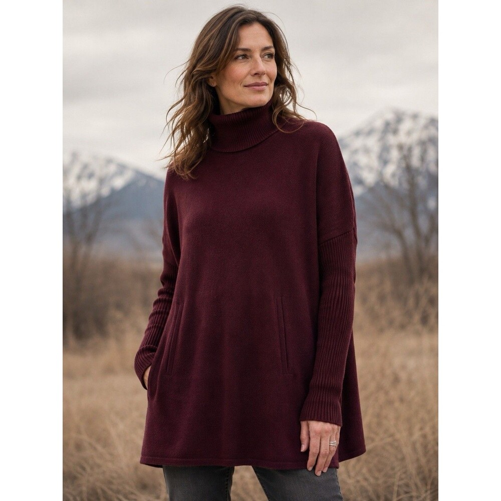 Garnet Hill Oversized Turtleneck Sweater Soft Merino Wool Cashmere Dk Maroon L